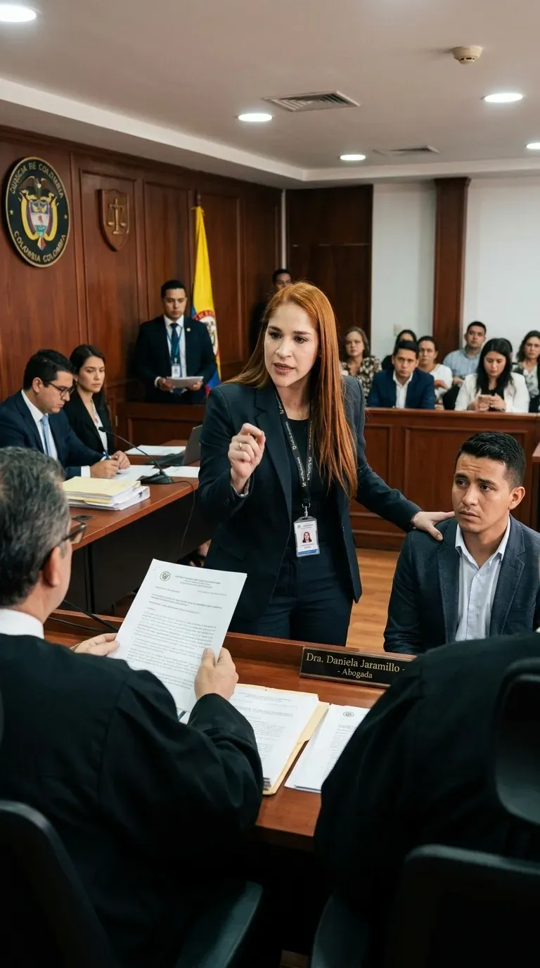 Daniela Jaramillo de pie en una sala de audiencias, durante un juicio oral